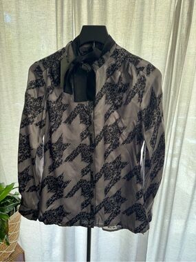 AllSaints Black & Gray Patterned Tie-Neck Blouse / 35% Silk